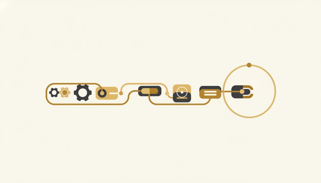 A minimal pipeline of connected agent nodes with a feedback loop, gold and charcoal on cream