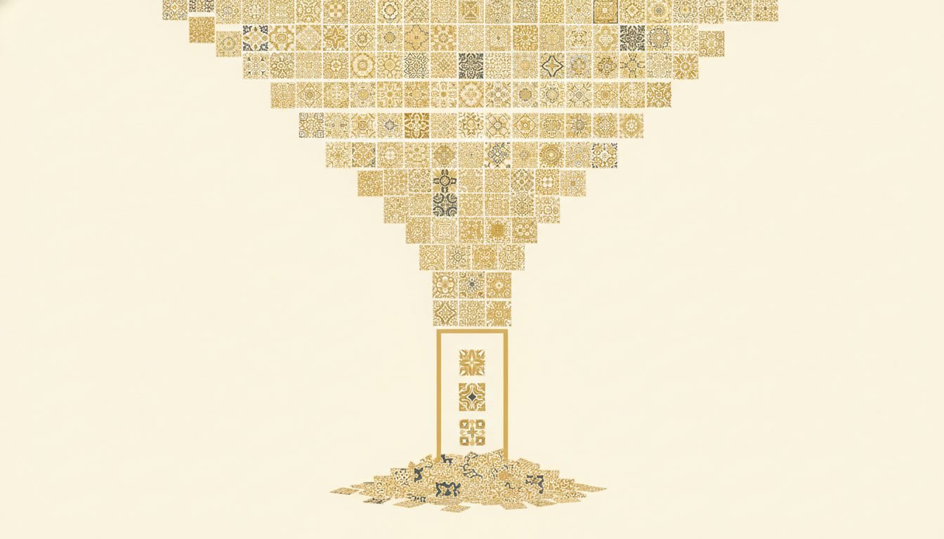 A minimal illustration of many creative tiles funneling through a quality gate, gold and charcoal on cream