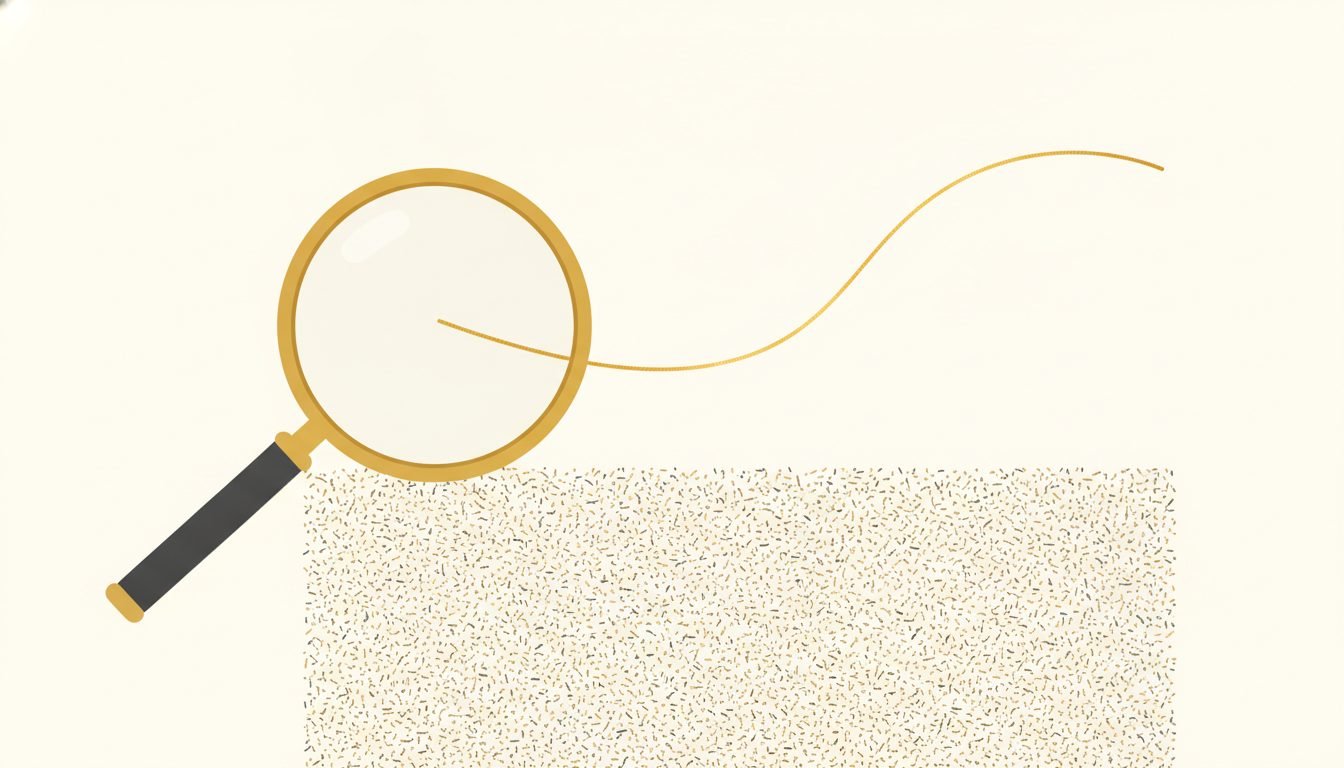 A minimal illustration of a magnifier pulling a bright thread from a field of customer data, gold and charcoal on cream
