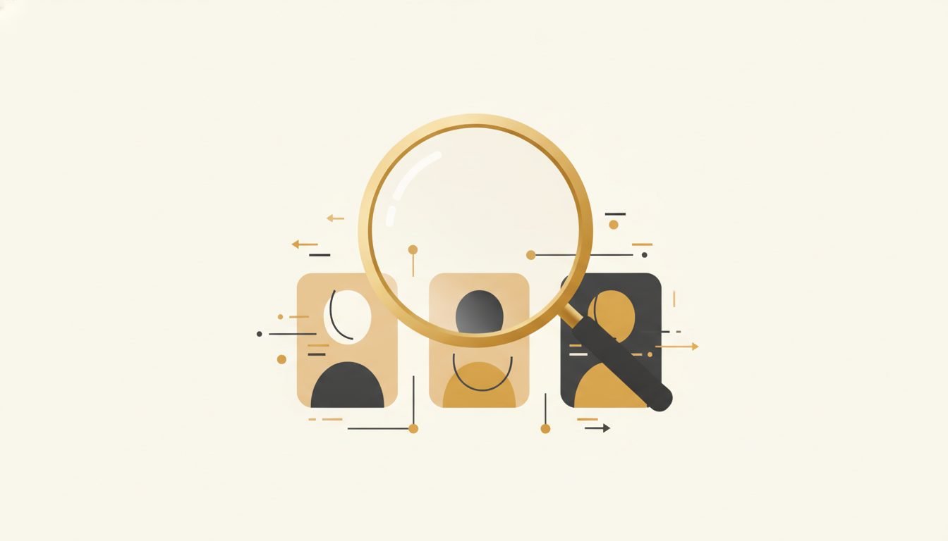 A minimal illustration of a magnifying glass over audience data, gold and charcoal on cream