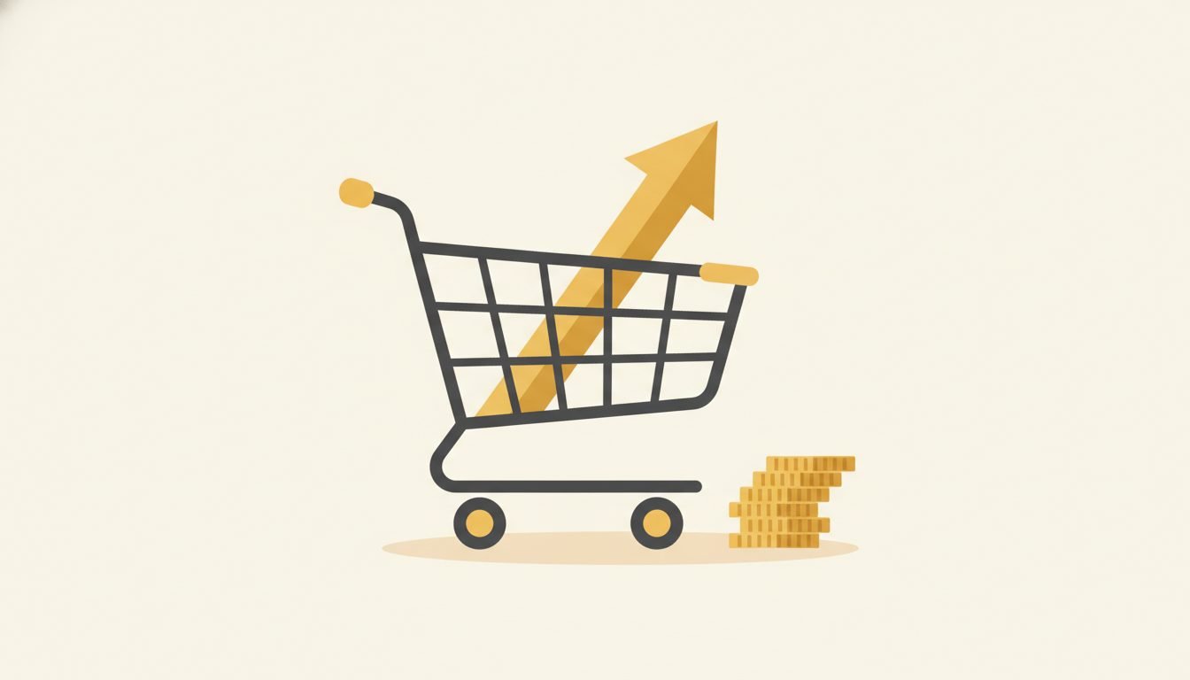 A minimal illustration of a cart and rising order value in gold and charcoal