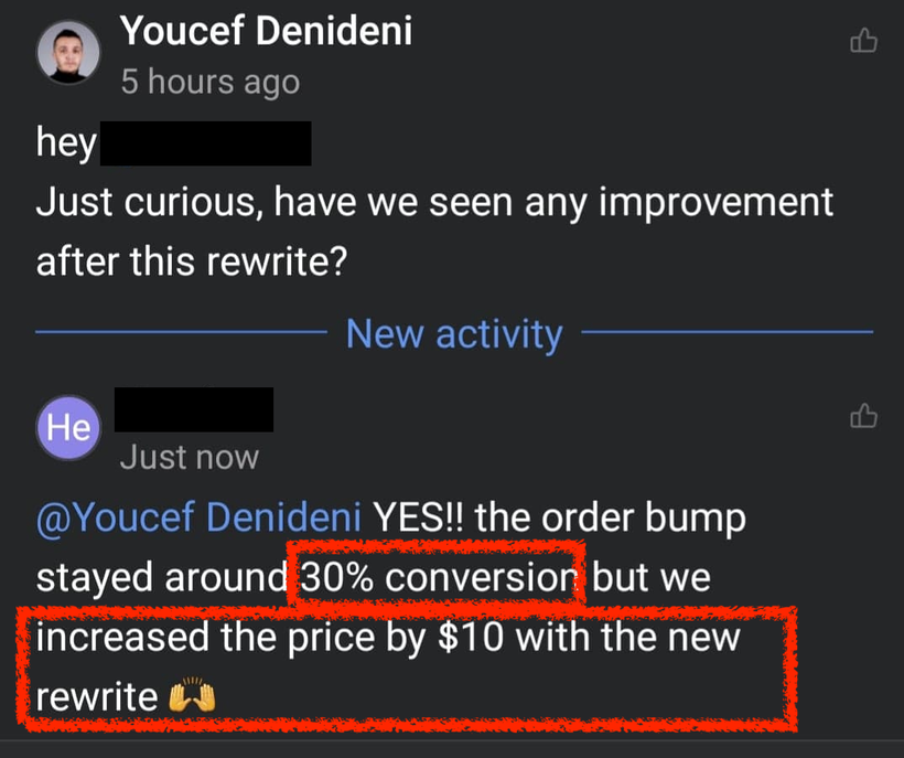 Client message confirming the order bump stayed around 30% conversion while the price went up $10