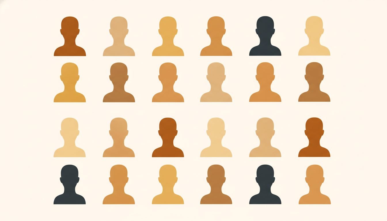 A grid of diverse audience silhouettes in warm gold and charcoal tones on cream