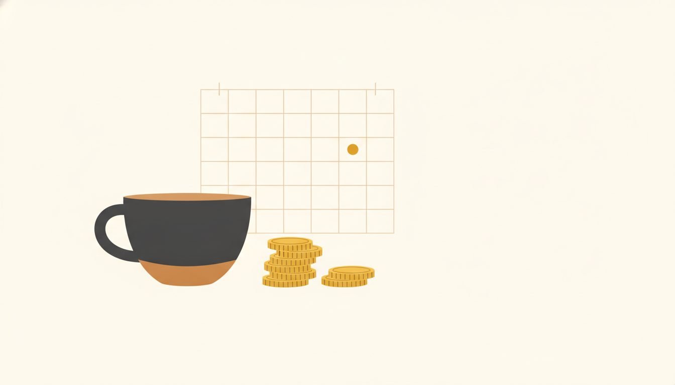 A minimal illustration of a coffee cup and coins representing a small daily cost, gold and charcoal on cream