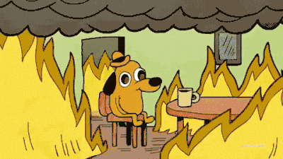 The 'This is fine' dog sitting calmly in a burning room