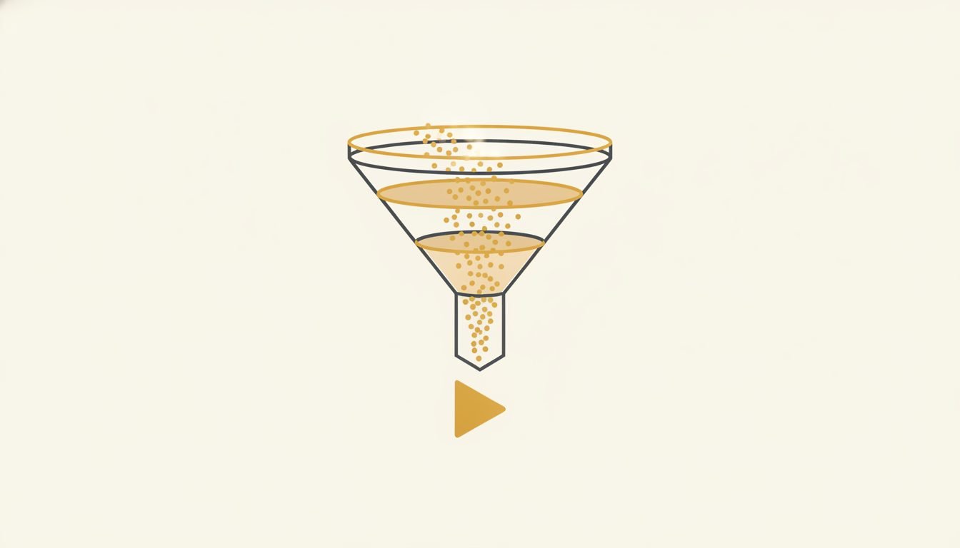 A minimal funnel diagram with a play button, gold and charcoal on cream