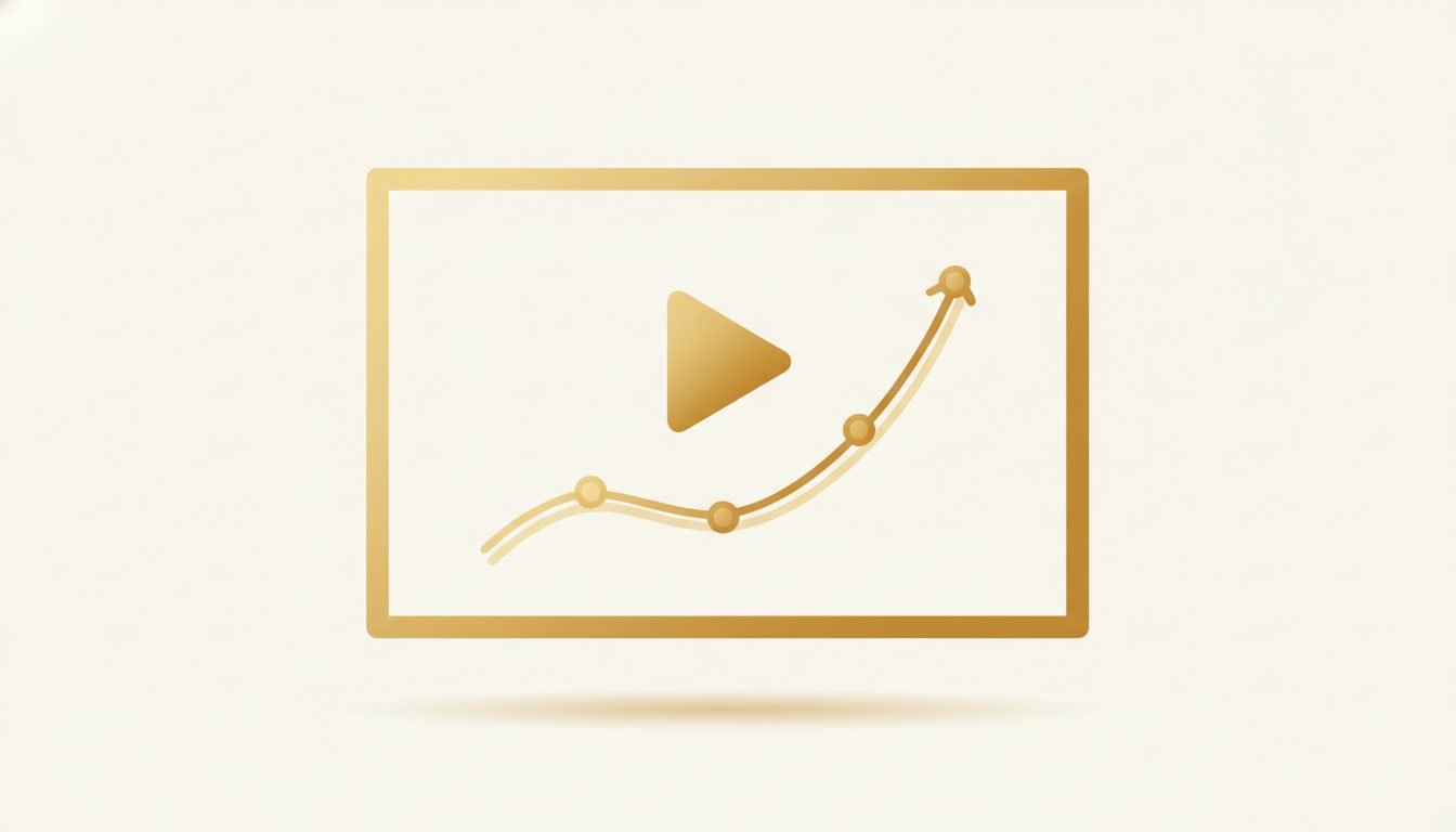 A minimal illustration of a video sales letter on screen, gold and charcoal on cream
